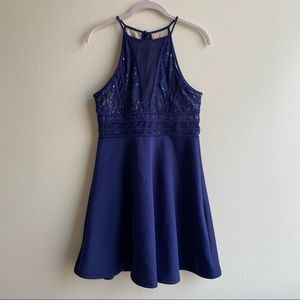 Francesca's Navy Lace Sequined Fit & Flare Halter Dress Sz. Large
